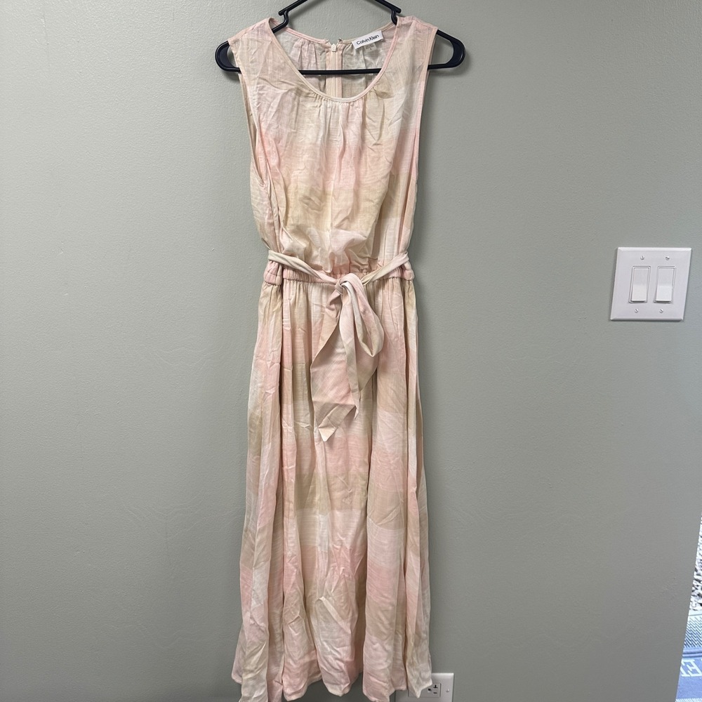 Calvin Klein Womens Pink Plaid Sleeveless Maxi Dress Pastel Metallic Size 8